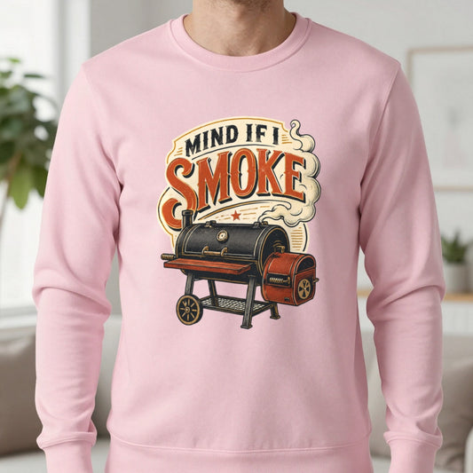 Mind If I Smoke BBQ Smoker Sweatshirt in Light Pink, worn, our photo