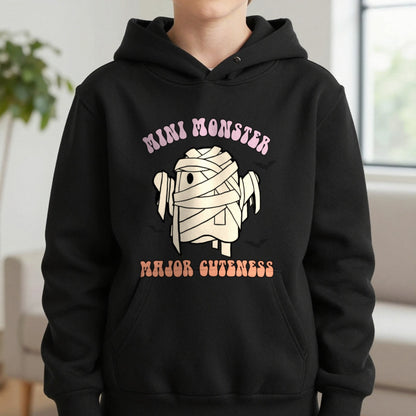 Mini Monster Major Cuteness Halloween Kids Hoodie in Black, worn, our photo