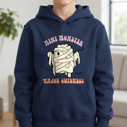 Mini Monster Major Cuteness Halloween Kids Hoodie in Navy, worn, our photo