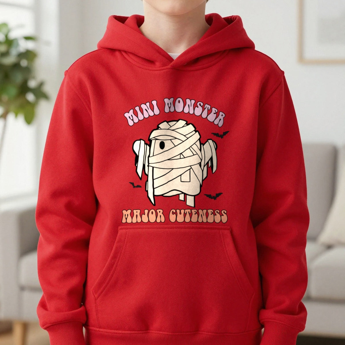 Mini Monster Major Cuteness Halloween Kids Hoodie in Red, worn, our photo