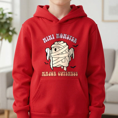 Mini Monster Major Cuteness Halloween Kids Hoodie in Red, worn, our photo