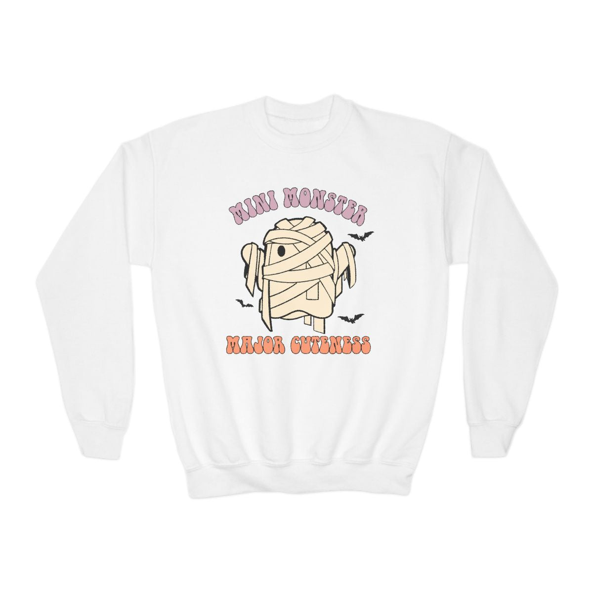 white sweatshirt with mini monster major cuteness mummy graphic and retro lettering for kids