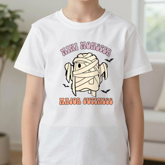 Mini Monster Major Cuteness Kids Halloween T-Shirt worn, lifestyle photo