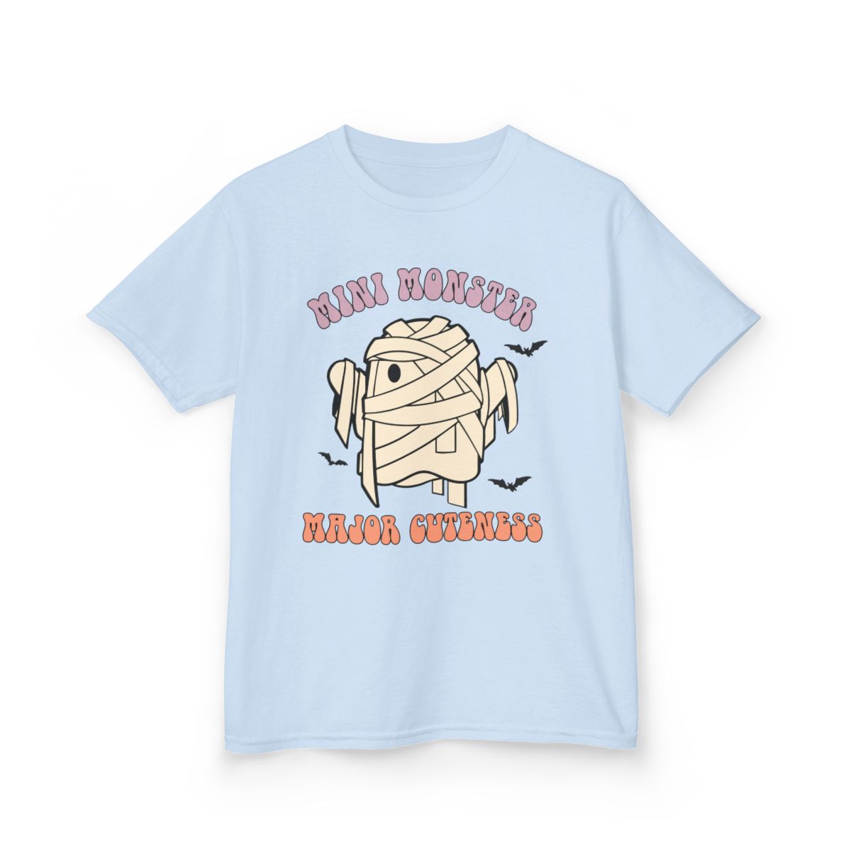 white kids t-shirt with cute monster mummy character and bold spooky text
