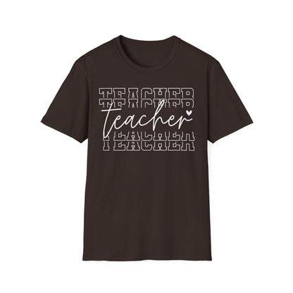 red t-shirt with bold layered typography for educators