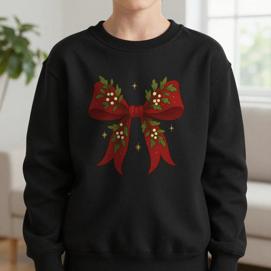 Mistletoe Coquette Bow Christmas Sweatshirt – Vintage Red Festive Jumper in Black (Sweatshirt), worn, our photo