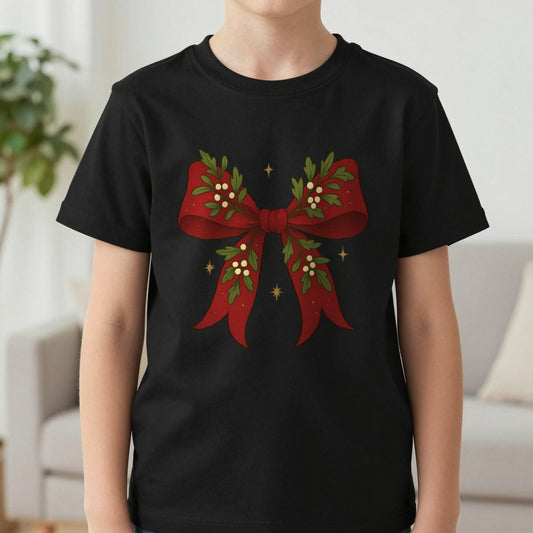 Mistletoe Coquette Bow Christmas Sweatshirt – Vintage Red Festive Jumper in Black (T-Shirt), worn, our photo