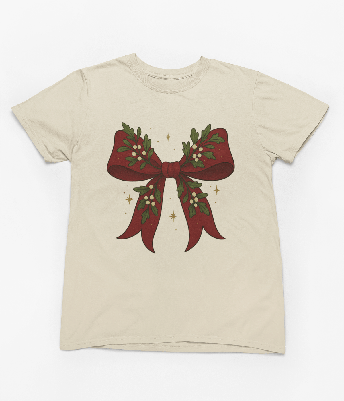 beige t-shirt with mistletoe coquette bow festive design