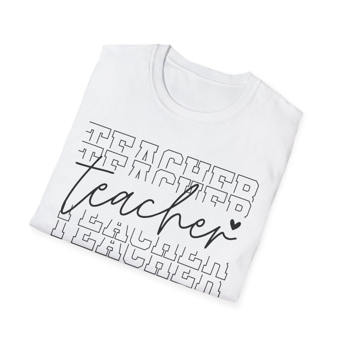 white t-shirt worn showing modern teacher script typography front graphic