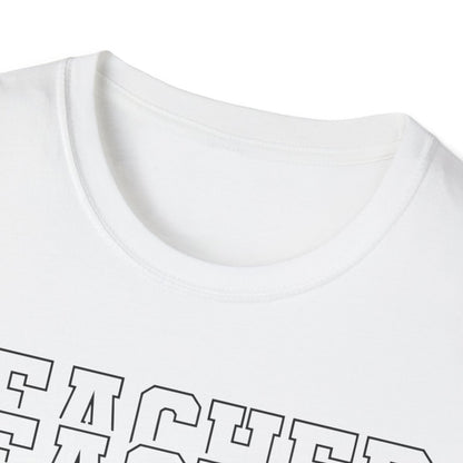 light blue t-shirt close-up of layered script typography teacher design