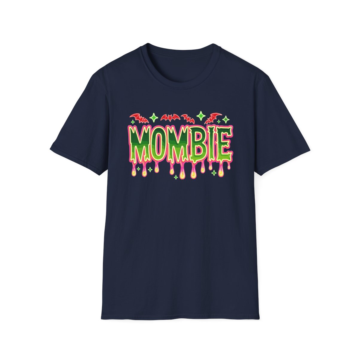 mombie halloween t-shirt front print detail showing spooky dripping lettering and bat graphics