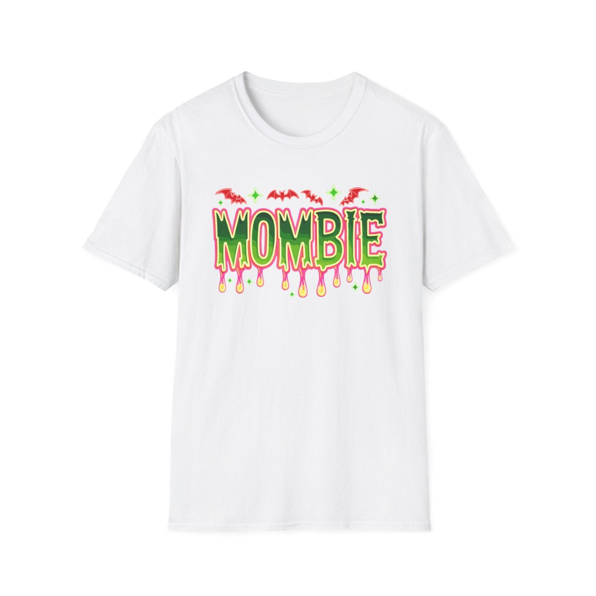 light blue mombie halloween t-shirt with dripping neon-style design and bat graphics