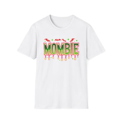 light blue mombie halloween t-shirt with dripping neon-style design and bat graphics