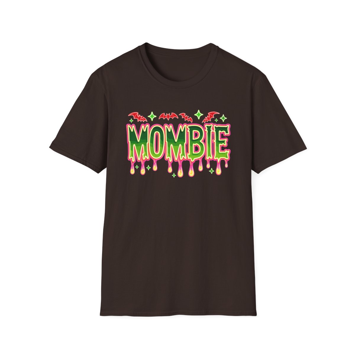 royal blue mombie halloween mom t-shirt with bold neon design and bats