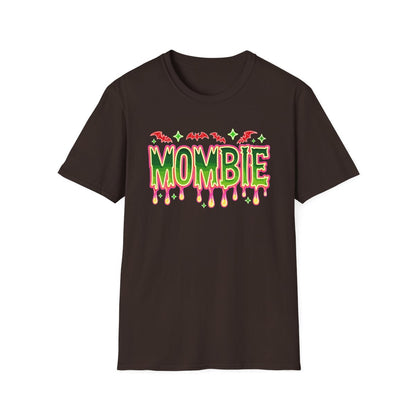 royal blue mombie halloween mom t-shirt with bold neon design and bats