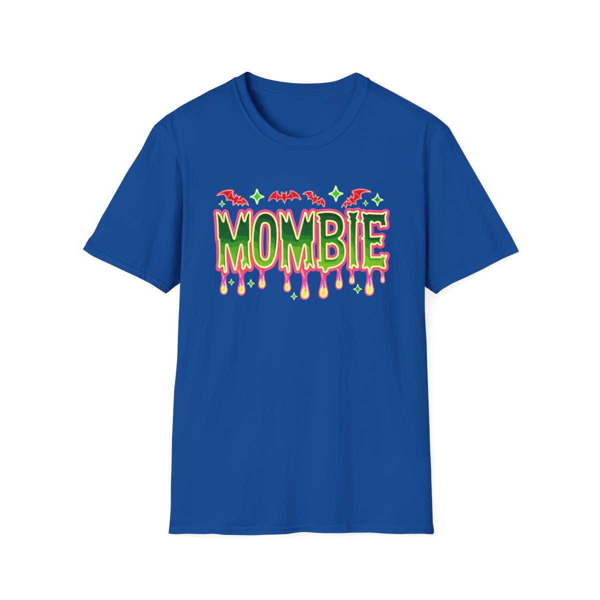 black t-shirt with mombie halloween graphic, dripping text and bat print for tired moms