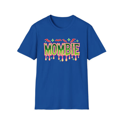 black t-shirt with mombie halloween graphic, dripping text and bat print for tired moms
