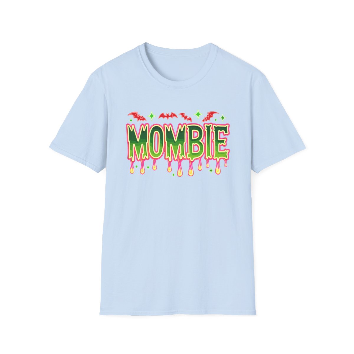 navy mombie t-shirt with spooky season neon lettering and bat illustration