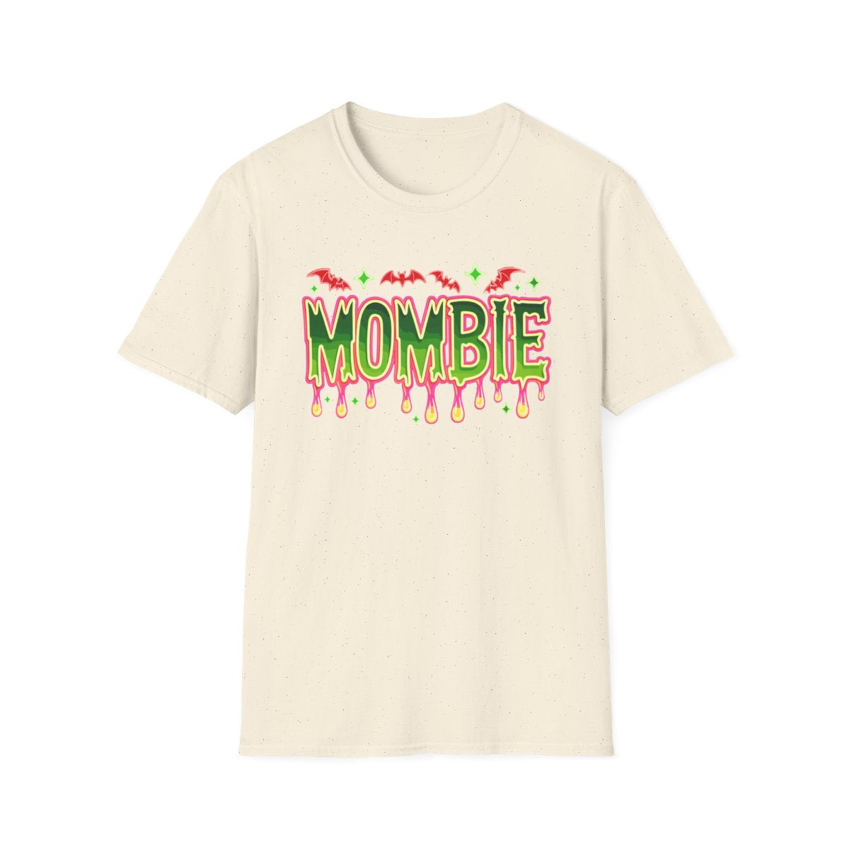 white t-shirt featuring bold mombie graphic with bats and spooky lettering