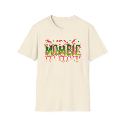 white t-shirt featuring bold mombie graphic with bats and spooky lettering