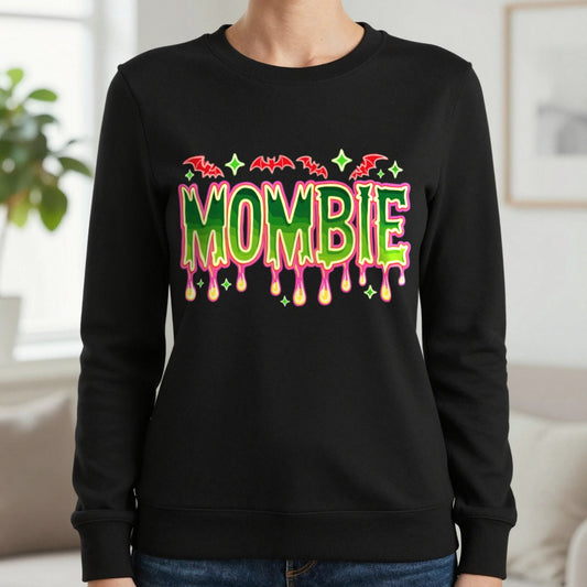 Mombie Halloween Sweatshirt for Moms worn, lifestyle photo