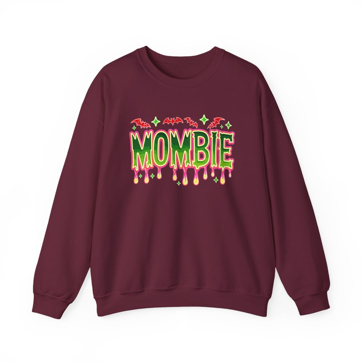 dark heather sweatshirt with mombie dripping text and bat accents funny mom halloween design
