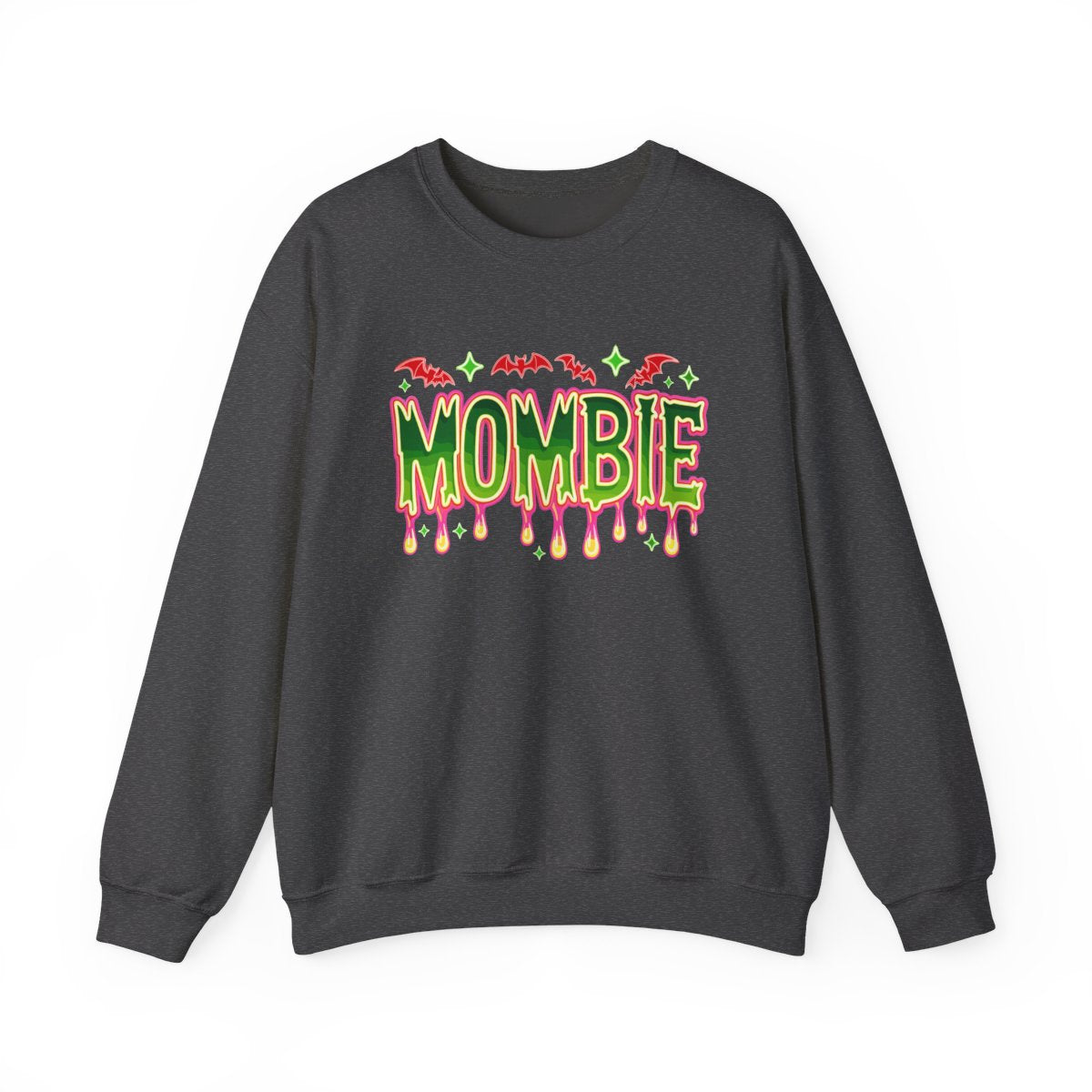 black sweatshirt with mombie dripping text and bat halloween design