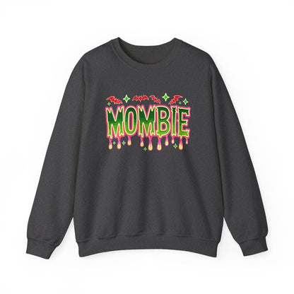 black sweatshirt with mombie dripping text and bat halloween design