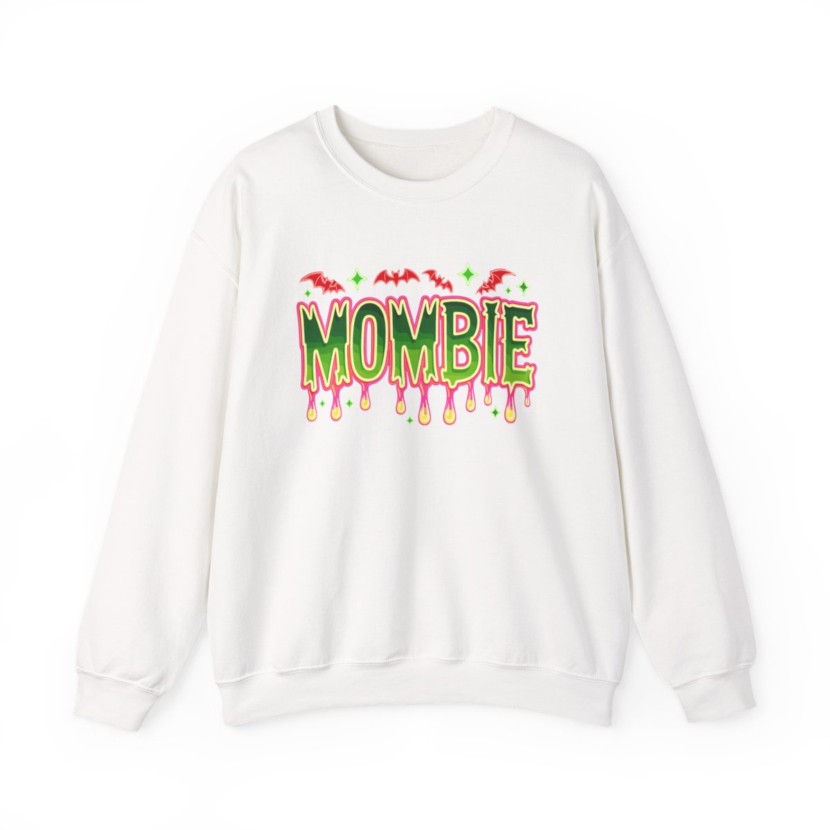 white sweatshirt with colorful mombie halloween graphic for moms