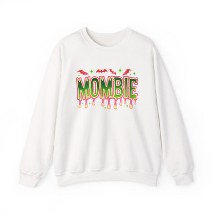 white sweatshirt with colorful mombie halloween graphic for moms
