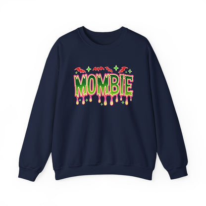 navy sweatshirt with bold mombie design and bat accents halloween gift
