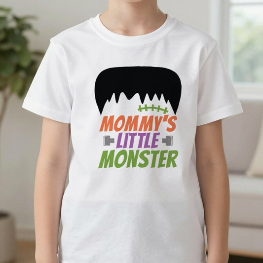 Mommy's Little Monster Kids Halloween T-Shirt in White, worn, our photo