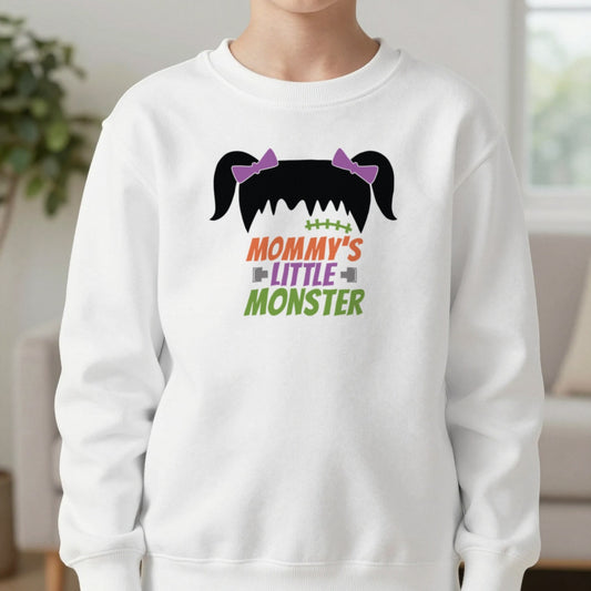 Mommy's Little Monster Kids Halloween Sweatshirt in White, worn, our photo