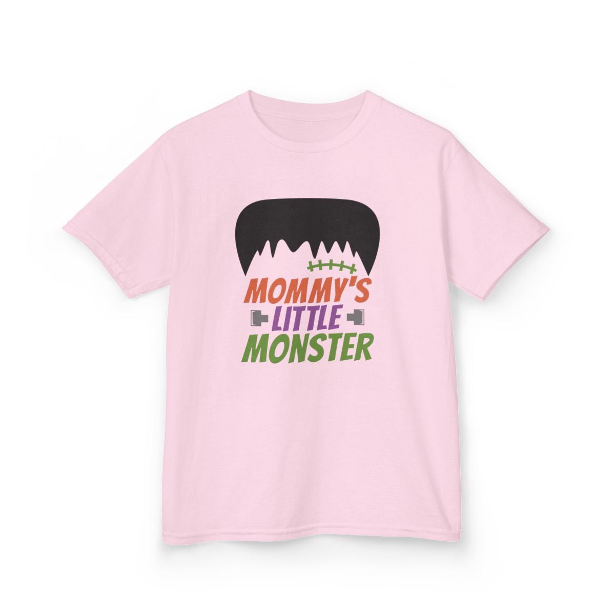 light blue kids t-shirt with mommy's little monster spooky graphic