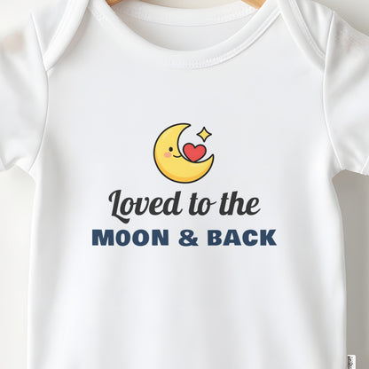 Loved To The Moon And Back baby grow print close-up