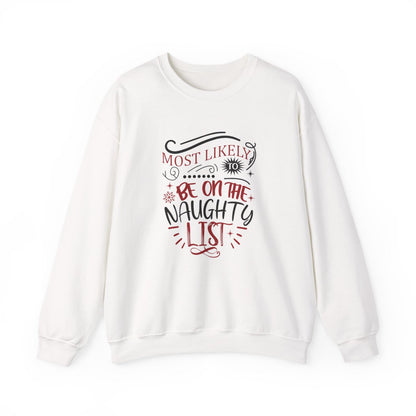 light pink sweatshirt with most likely to be on the naughty list christmas design