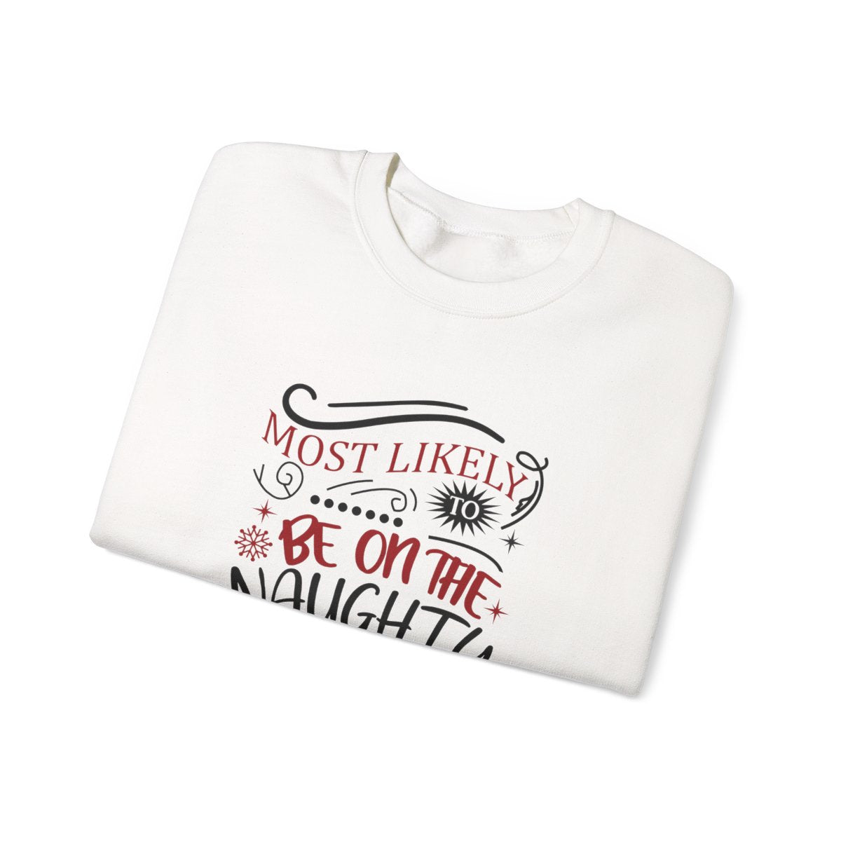 light pink naughty list christmas sweatshirt flat lay showing print detail