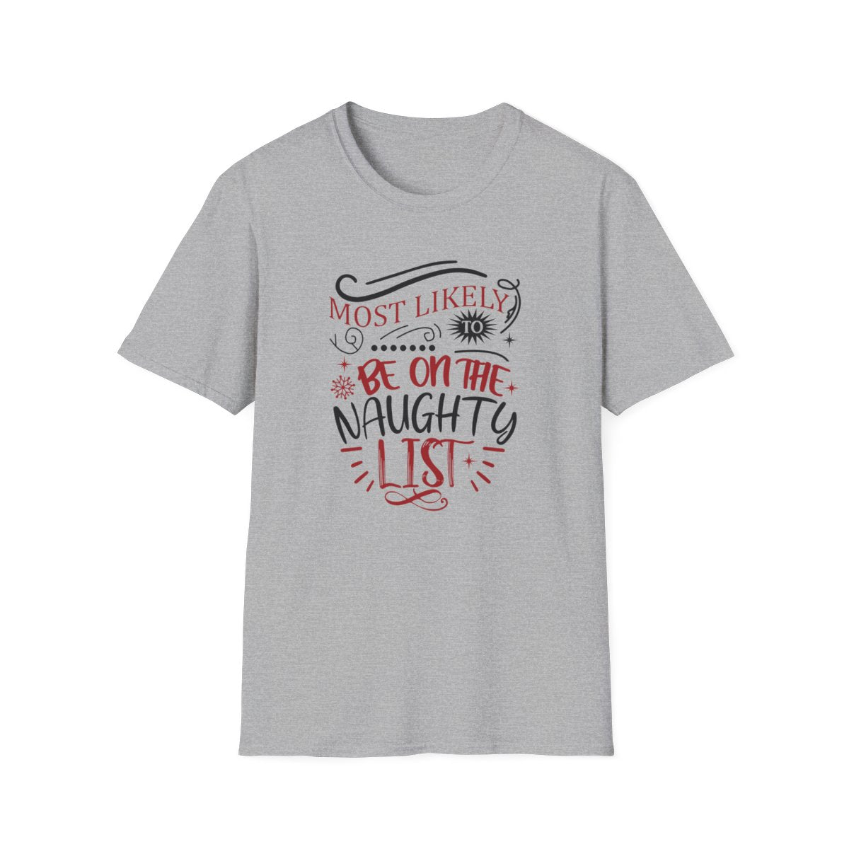 white t-shirt with most likely to be on the naughty list Christmas design