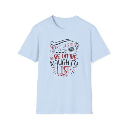 light blue t-shirt with naughty list festive graphic