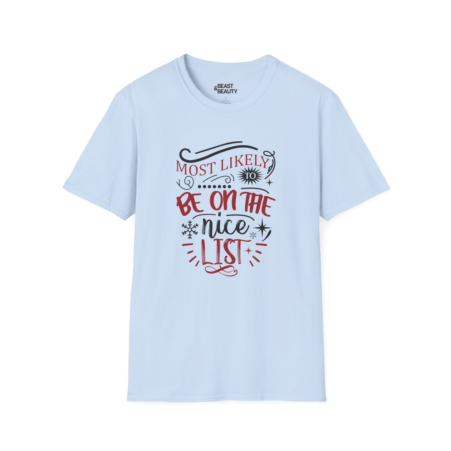 most likely to be on the nice list christmas t-shirt light blue t-shirt Christmas gift idea