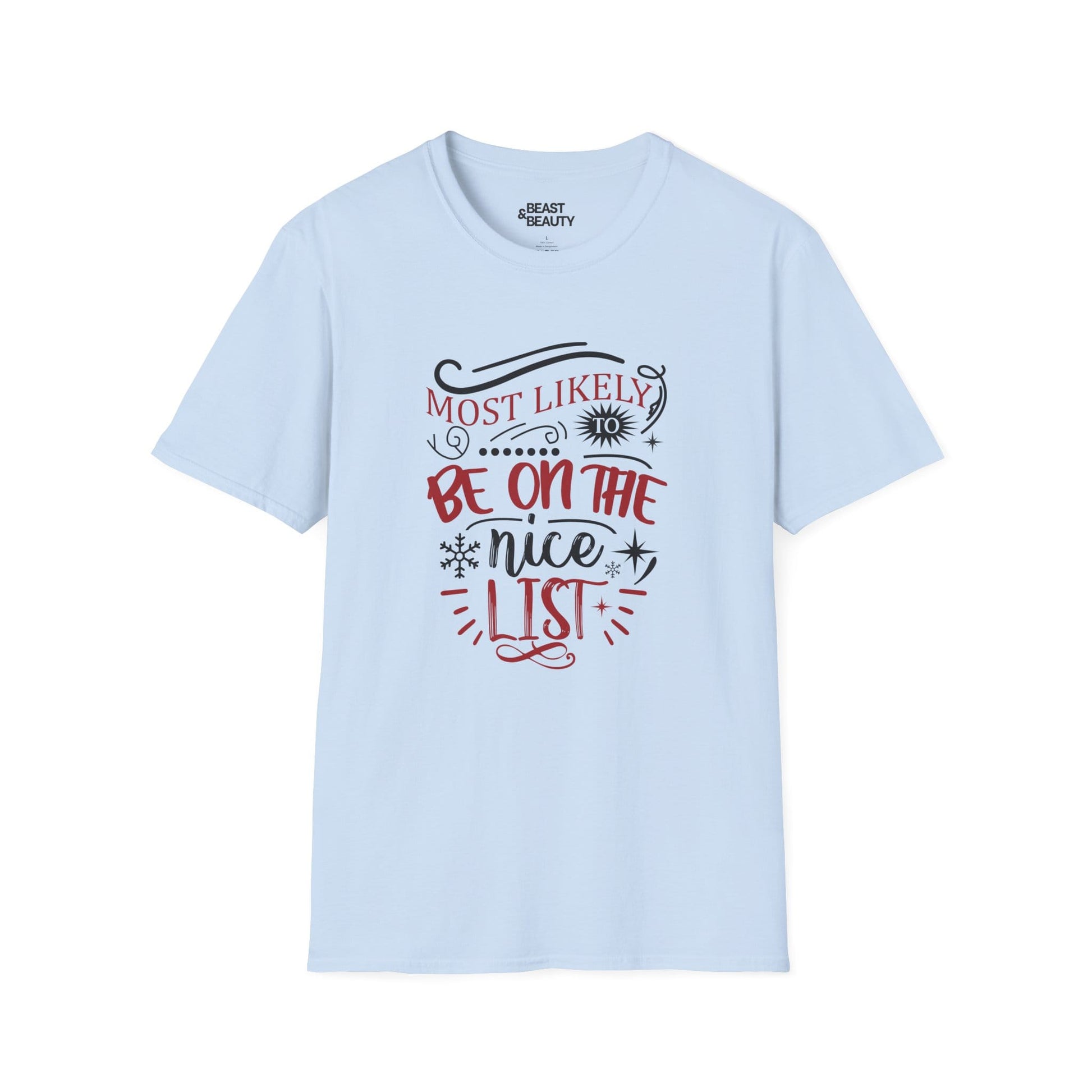 most likely to be on the nice list christmas t-shirt light blue t-shirt Christmas gift idea