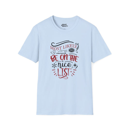 most likely to be on the nice list christmas t-shirt light blue t-shirt Christmas gift idea