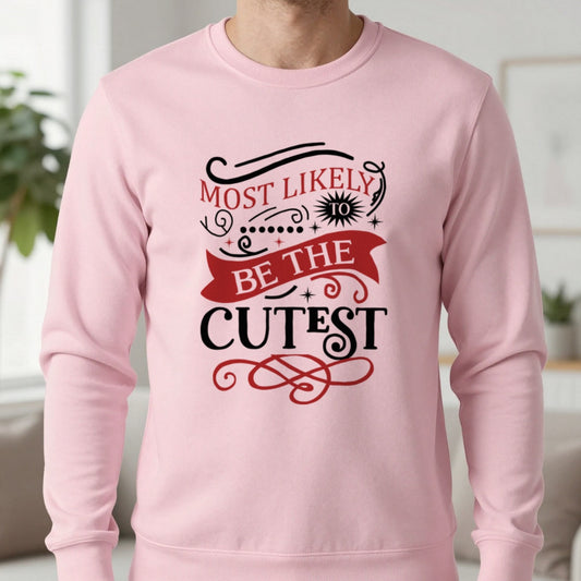 Cutest Christmas Sweatshirt in Light Pink, worn, our photo