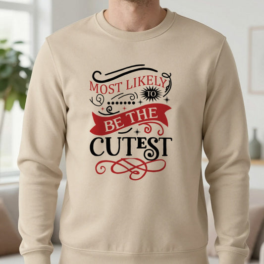 Cutest Christmas Sweatshirt in Sand, worn, our photo