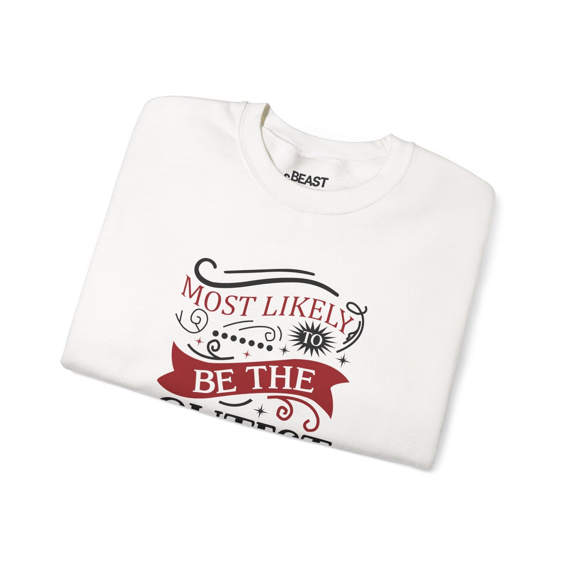 most likely to be the cutest christmas sweatshirt lifestyle shot — funny festive gift for women