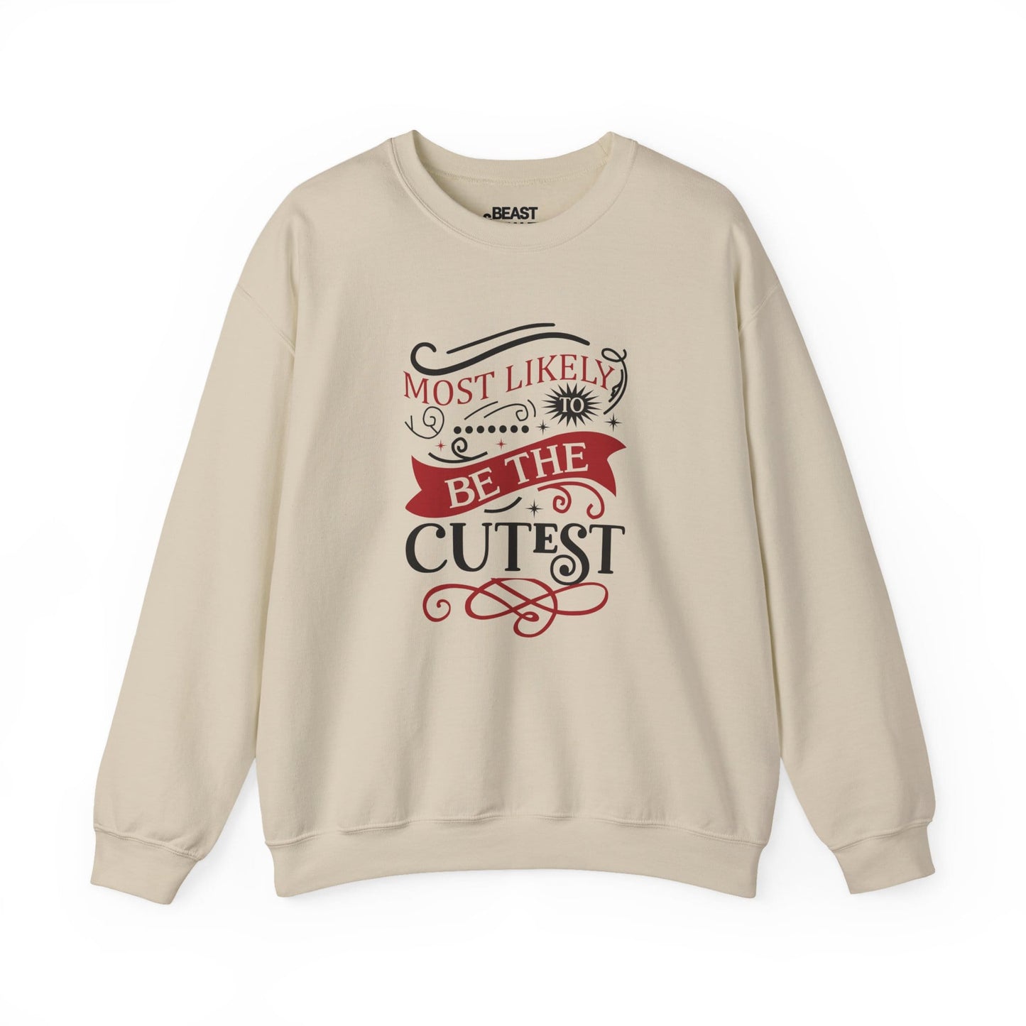 sand sweatshirt with most likely to be the cutest christmas print — cosy holiday sweatshirt