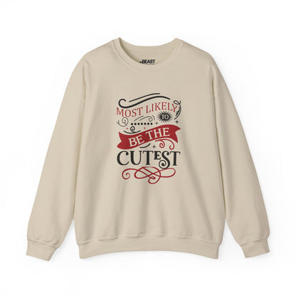 sand sweatshirt with most likely to be the cutest christmas print — cosy holiday sweatshirt