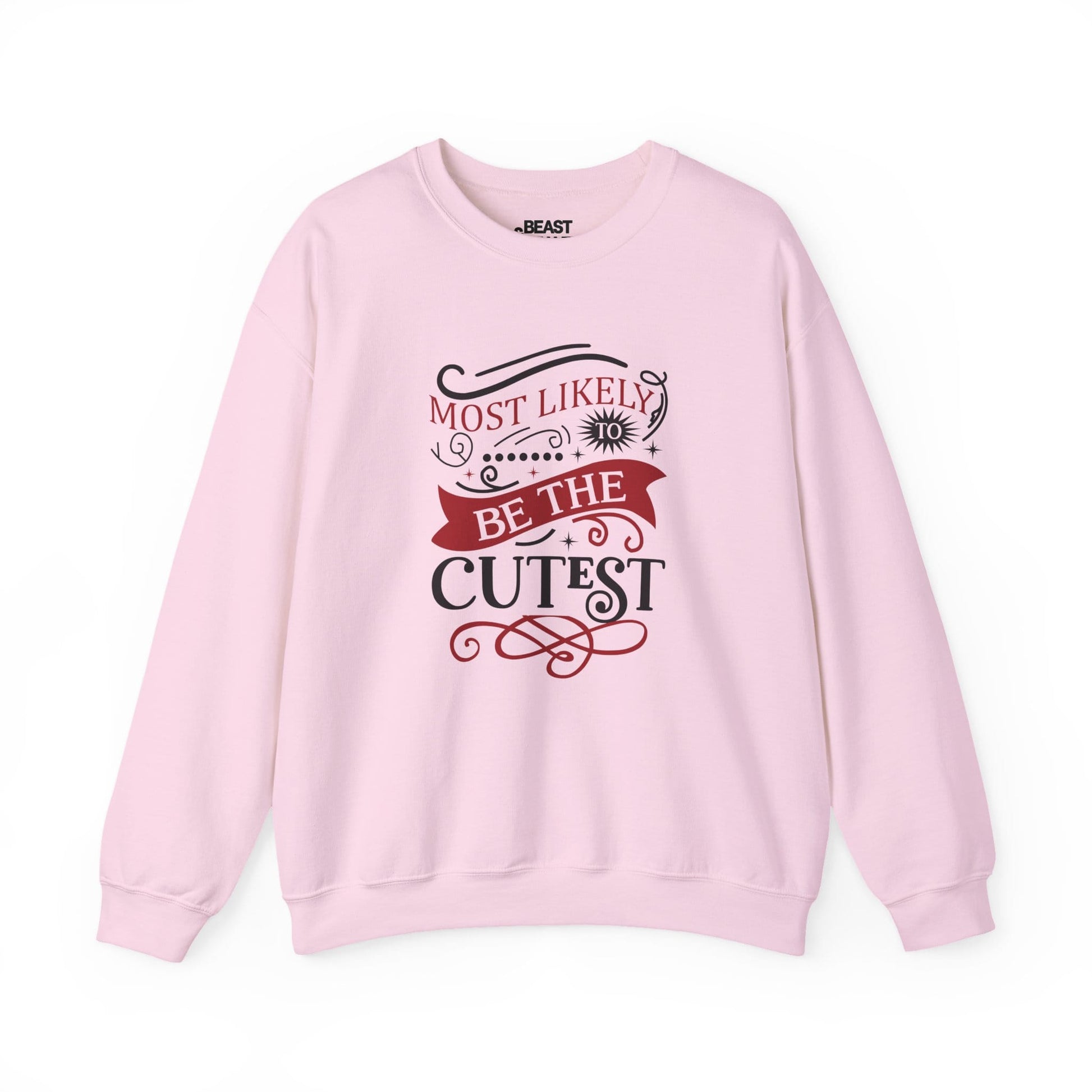 light pink sweatshirt with most likely to be the cutest christmas slogan — cute christmas gift idea