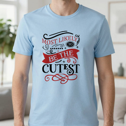 Most Likely to Be the Cutest Christmas T-Shirt in Light Blue, worn, our photo