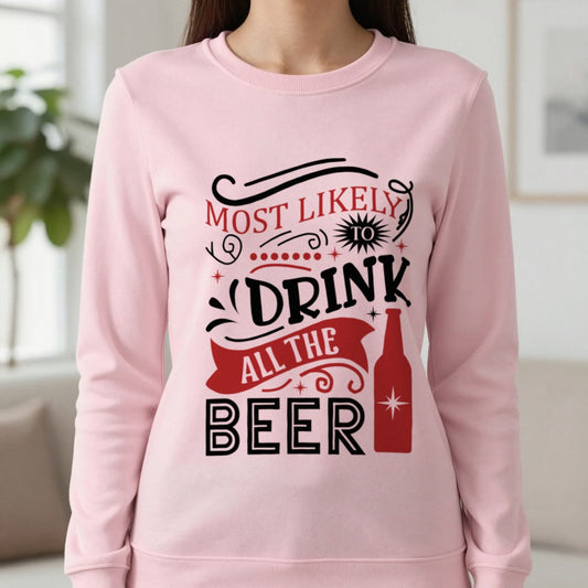 Most Likely to Drink All the Beer Christmas Sweatshirt in Light Pink, worn, our photo